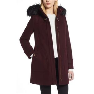 Cole Hahn Signature Wool Blend Twill Duffle Jacket with Faux Fur Trim